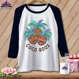 White raglan shirt with three jack-o'-lantern coconuts and 