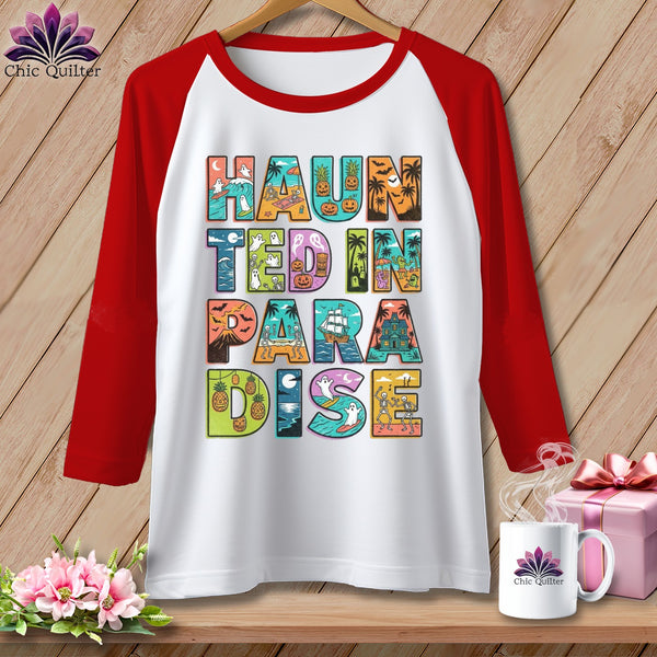 T-shirt with "Haunted in Paradise" text and Halloween beach graphics.