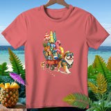 Bulldog and chihuahua pulling a wagon full of beach items on a tropical beach.