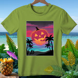 Jack-o'-lantern on a tropical beach at sunset with palm trees and ocean waves.