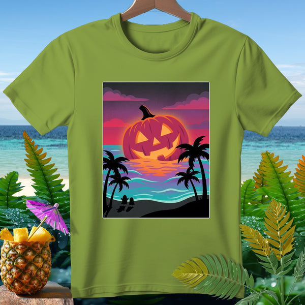 Jack-o'-lantern on a tropical beach at sunset with palm trees and ocean waves.