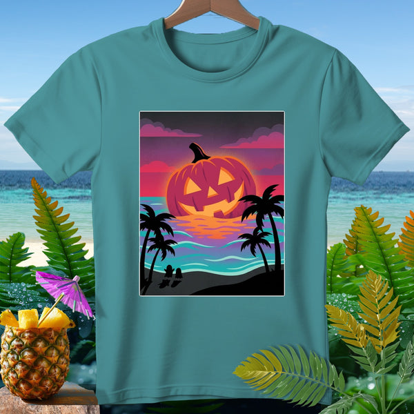 Jack-o'-lantern on a tropical beach with palm trees at sunset.