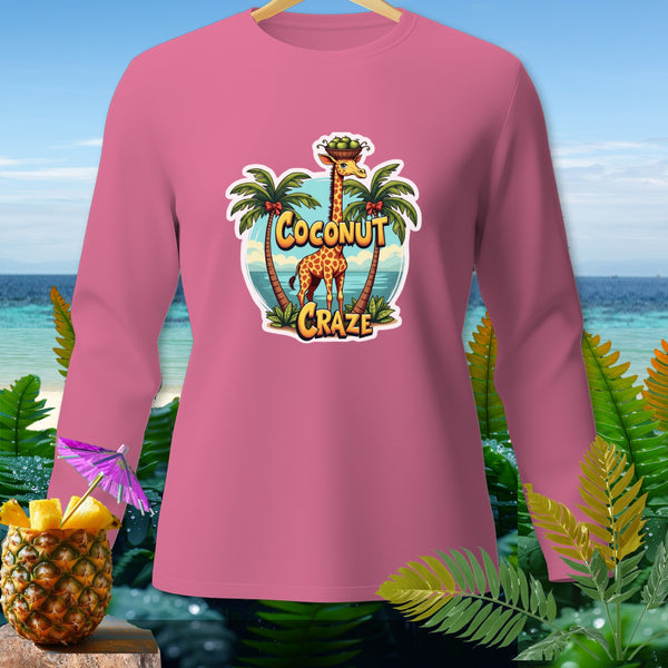 Pink long-sleeve shirt with "Coconut Craze" text and a giraffe on a tropical beach.