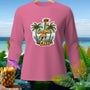 Pink long-sleeve shirt with "Coconut Craze" text and a giraffe on a tropical beach.