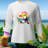White long-sleeved shirt with a toucan and tropical sunset graphic.
