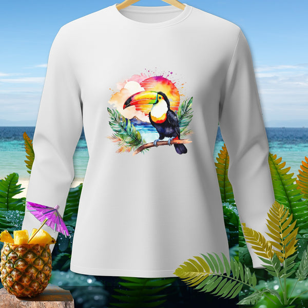 White long-sleeved shirt with a toucan and tropical sunset graphic.