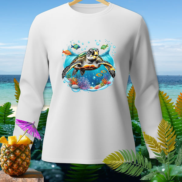 White long-sleeve shirt with a graphic of a sea turtle swimming underwater with fish.