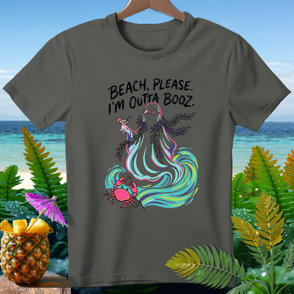 Ghost with cocktail on beach, text "Beach, Please. I'm Outta Booz."