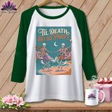 White raglan sleeve shirt with skeletons dancing on a beach and the text 