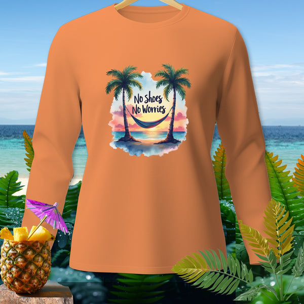 Orange long-sleeve shirt with a beach scene and "No Shoes No Worries" text.