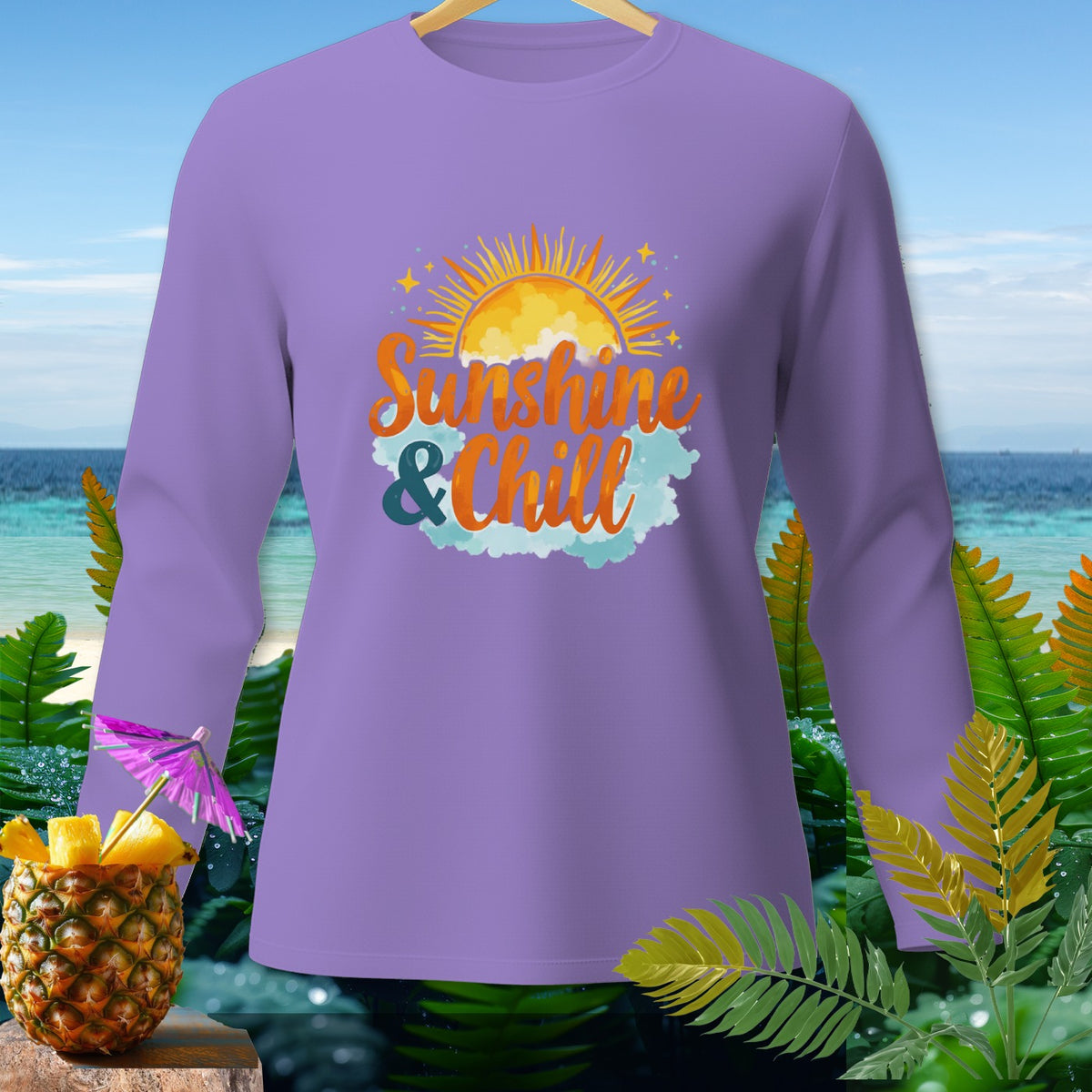 Lavender long-sleeve shirt with "Sunshine & Chill" graphic and sun design.