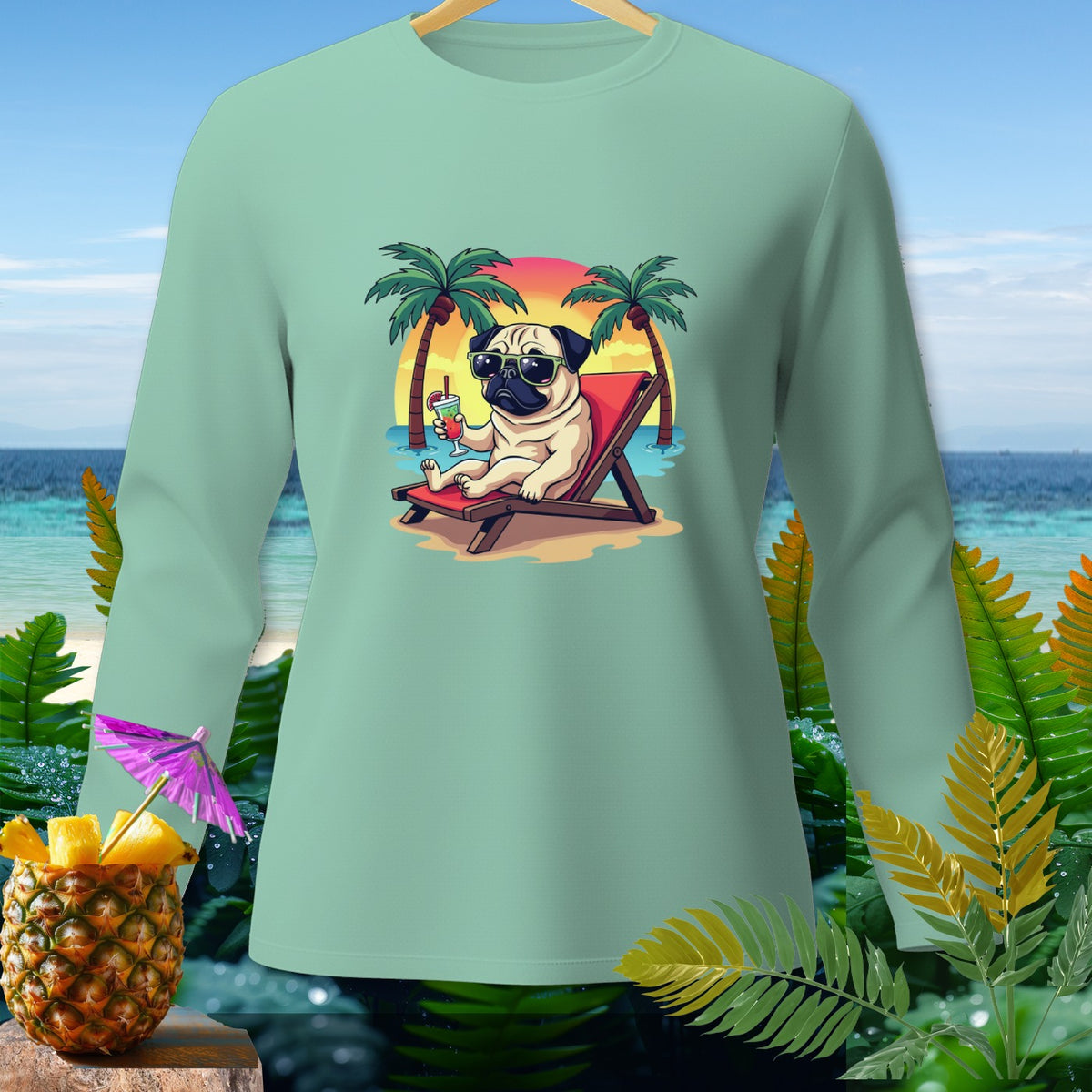 Long sleeve shirt with pug in sunglasses relaxing on beach with tropical drink.