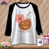 Black and white baseball tee with a jack-o'-lantern coconut, hibiscus flower, and 