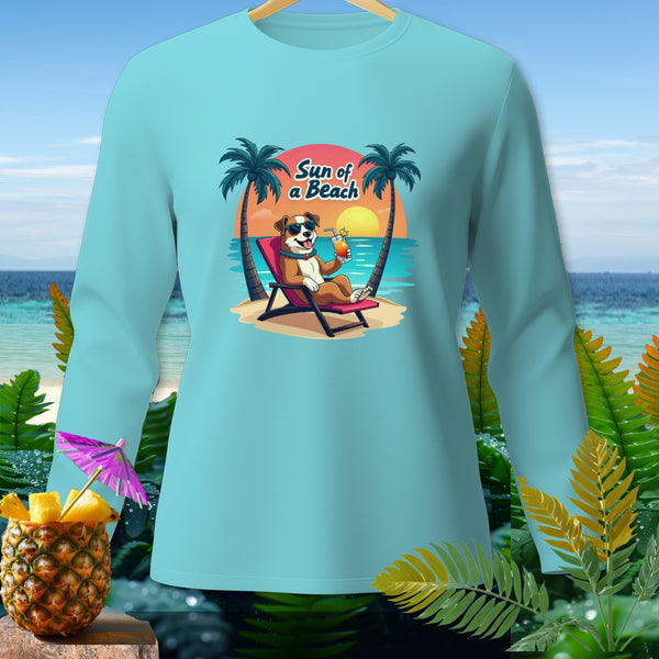 Light blue long-sleeve shirt with cartoon dog on beach chair, text "Sun of a Beach."