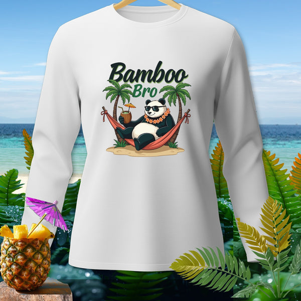 White sweatshirt with a panda in a hammock and "Bamboo Bro" text.