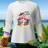 White long-sleeve shirt with two flamingos and the text 