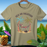 T-shirt graphic of a witch in a hammock with text 