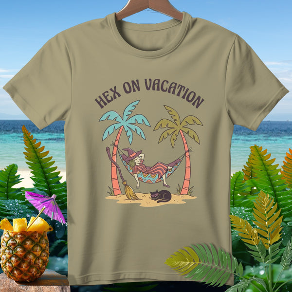 T-shirt graphic of a witch in a hammock with text "Hex on Vacation".