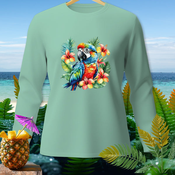 Mint green long-sleeve shirt with a colorful macaw and tropical flowers graphic.