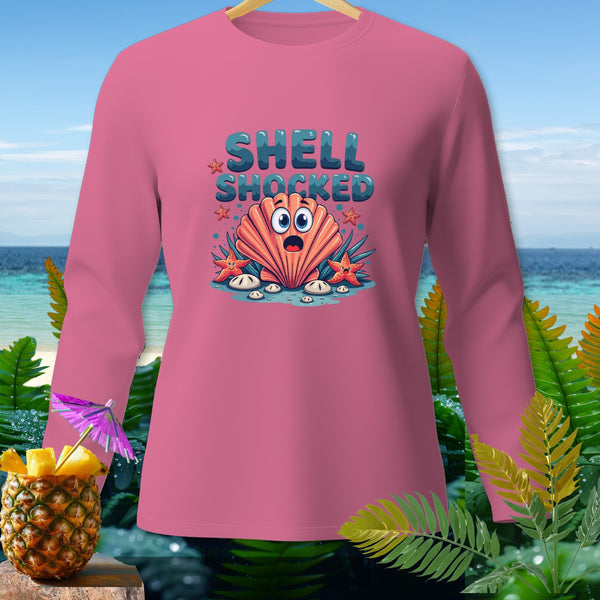 Pink long-sleeve shirt with "Shell Shocked" text and cartoon seashell.
