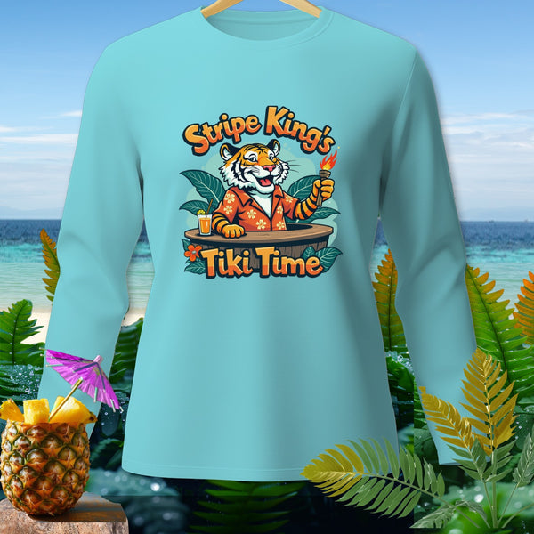 Light blue long sleeve shirt featuring a cartoon tiger with "Stripe King's Tiki Time" text.