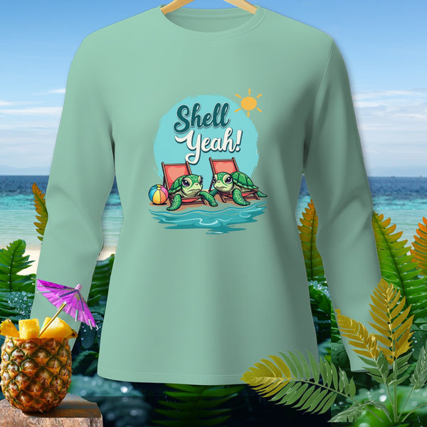 Long-sleeve shirt with cartoon turtles on beach chairs and "Shell Yeah!" text.