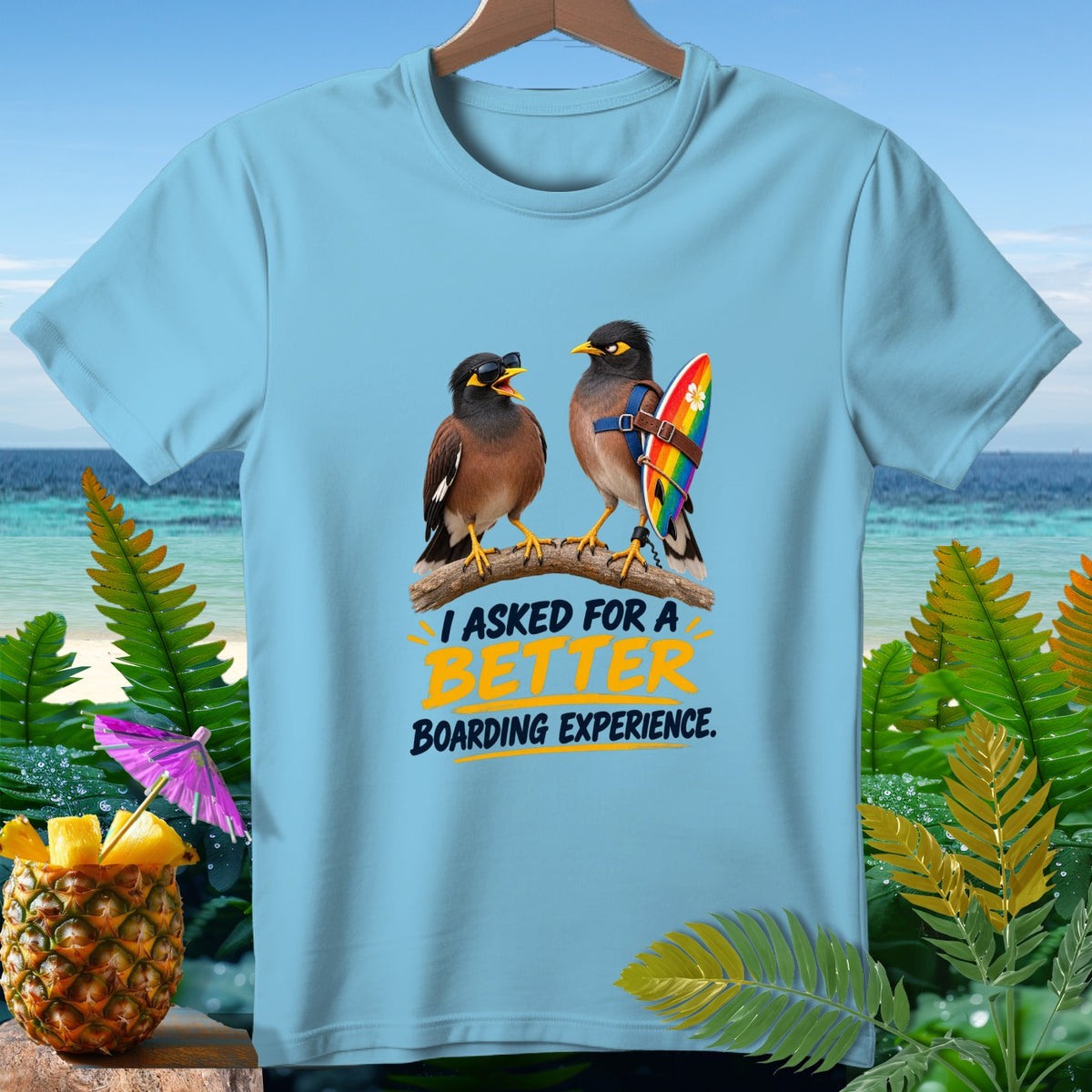 Two mynah birds on a branch, one wearing sunglasses, one with a rainbow surfboard, with text.