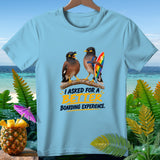 Two mynah birds on a branch, one wearing sunglasses, one with a rainbow surfboard, with text.