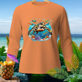 Orange long-sleeve shirt with a sea turtle, fish, and coral graphic.
