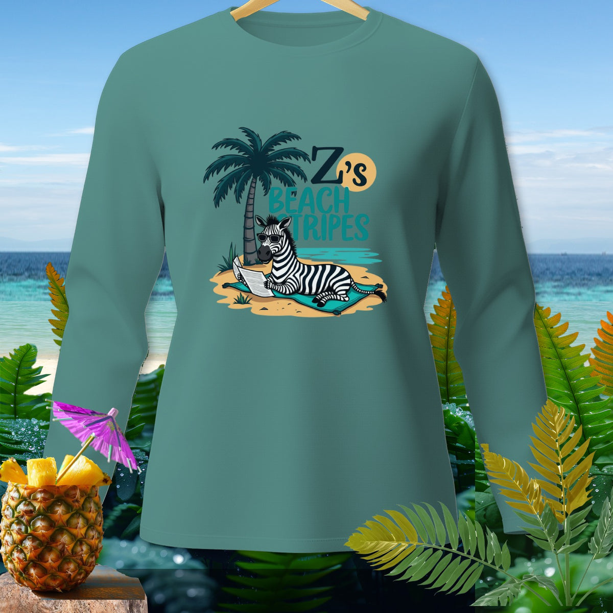 Long sleeve shirt with zebra reading on beach graphic and text "Z's Beach Tripes".