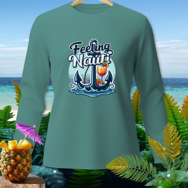 Teal long-sleeve shirt with anchor, cocktail, and text "Feeling Nauti".