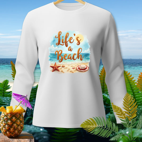 White long-sleeve shirt with "Life's a Beach" text and beach scene graphic.