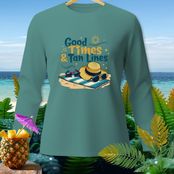 Teal long-sleeve shirt with "Good Times & Tan Lines" graphic and beach scene.