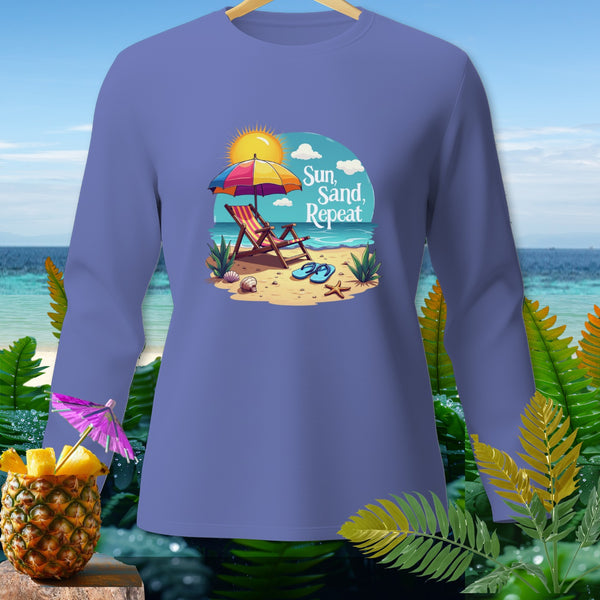 Purple long-sleeve shirt with "Sun, Sand, Repeat" beach graphic.