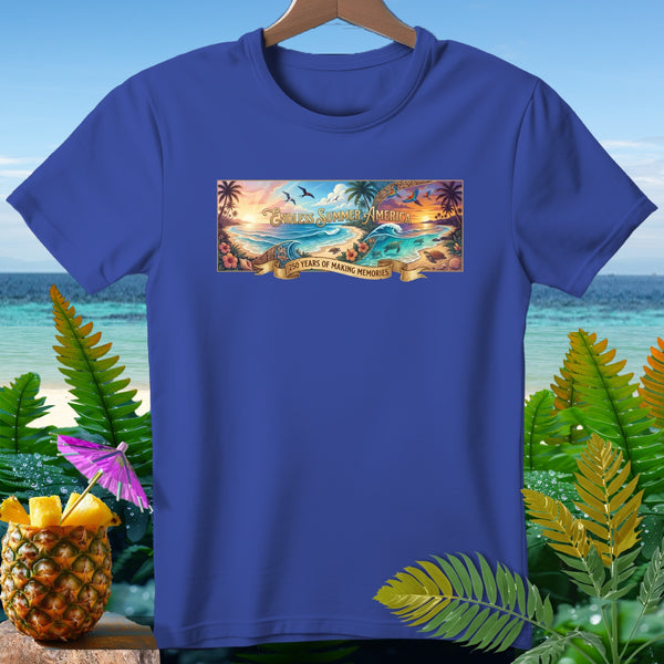 Blue t-shirt with "Endless Summer America" and "250 Years of Making Memories" text.
