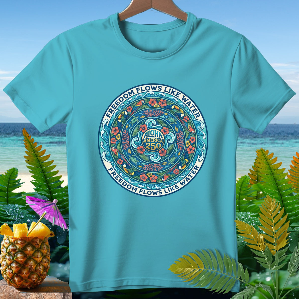 Teal t-shirt with circular mandala design featuring "Aloha America 250" and "Freedom Flows Like Water".