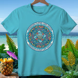 Teal t-shirt with circular mandala design featuring 