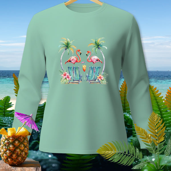 Mint long-sleeve shirt with flamingo beach scene and pineapple cocktail graphic.