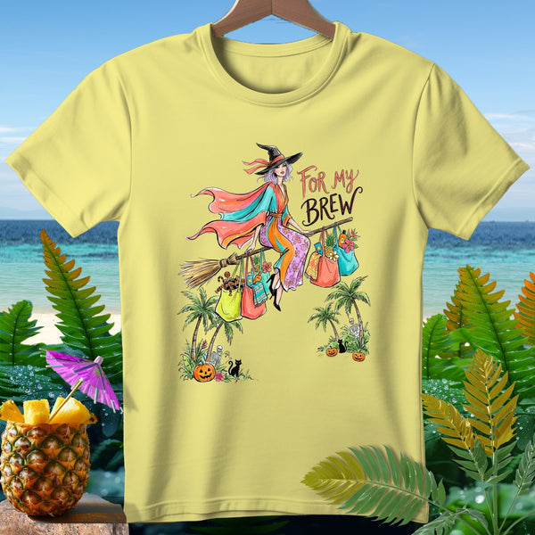 Witch on broom with shopping bags, "For My Brew" text, Halloween elements.