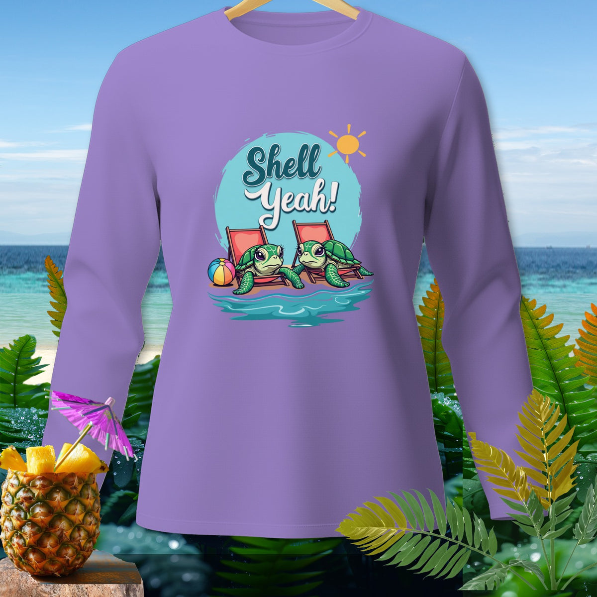 Purple long-sleeve shirt with two cartoon turtles and "Shell Yeah!" text.