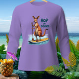 Purple long-sleeve shirt with kangaroo on paddleboard graphic and text 