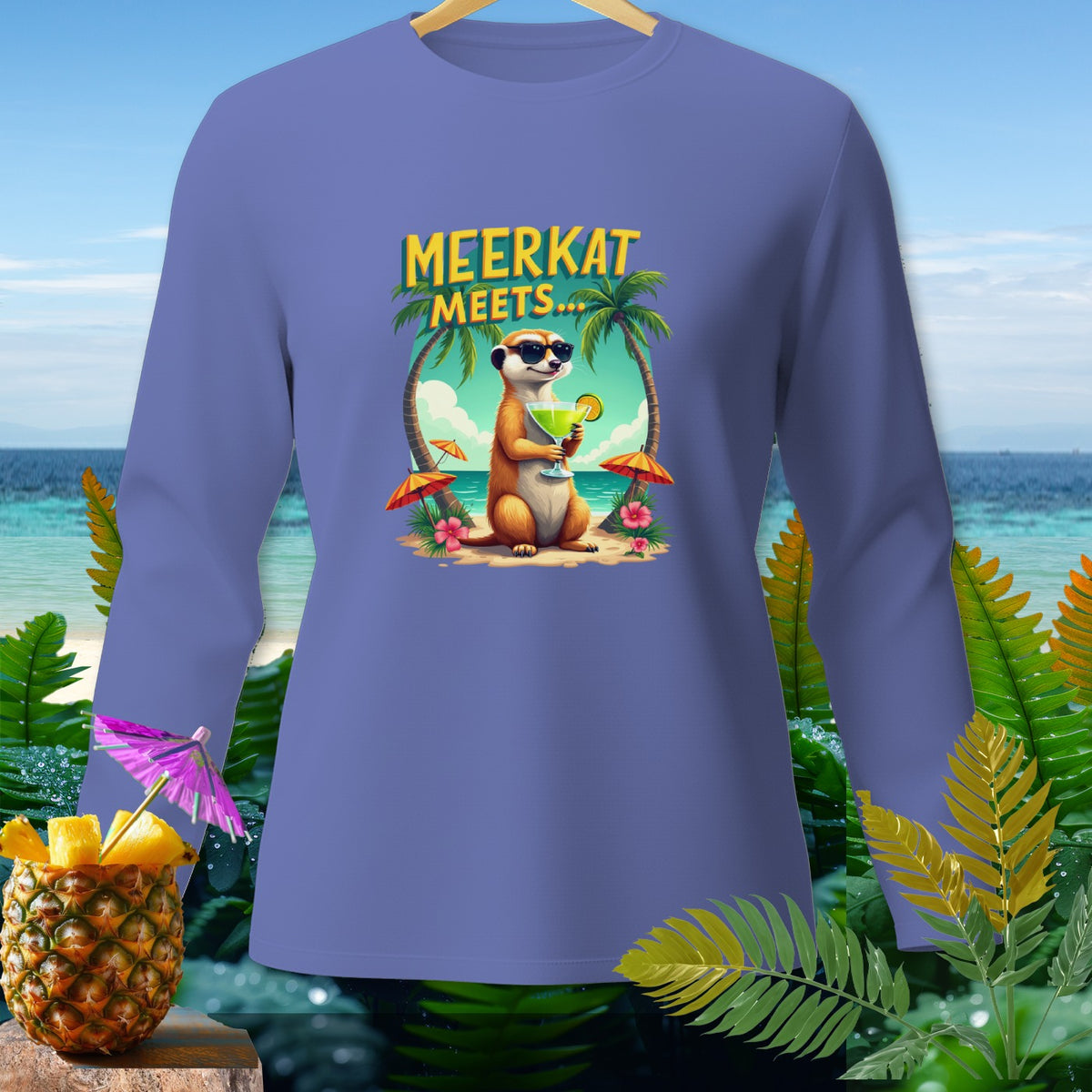 Meerkat with sunglasses holds a cocktail on a tropical beach under text "Meerkat Meets...".