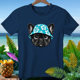 Navy t-shirt featuring a black French Bulldog wearing a blue floral bucket hat.