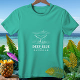 Teal t-shirt with whale tail graphic and text 