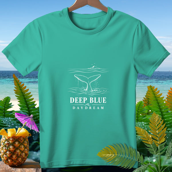 Teal t-shirt with whale tail graphic and text "Deep Blue Daydream".