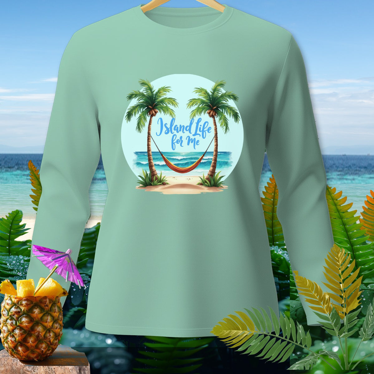Long sleeve t-shirt with a beach scene graphic and text "Island Life for Me".