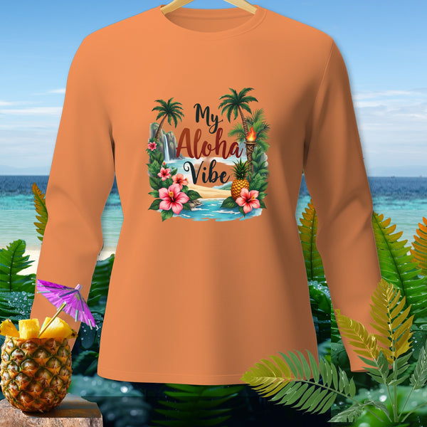 Orange long-sleeve shirt with "My Aloha Vibe" tropical beach graphic.