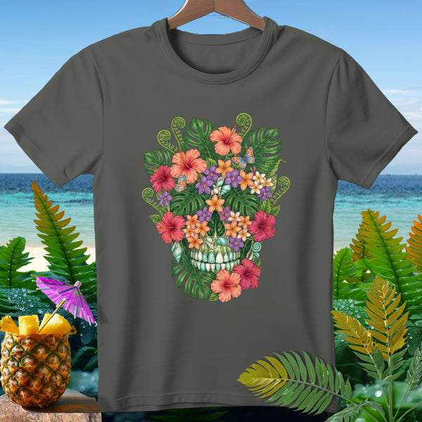 Dark grey t-shirt with a floral skull design, tropical foliage, and butterflies.