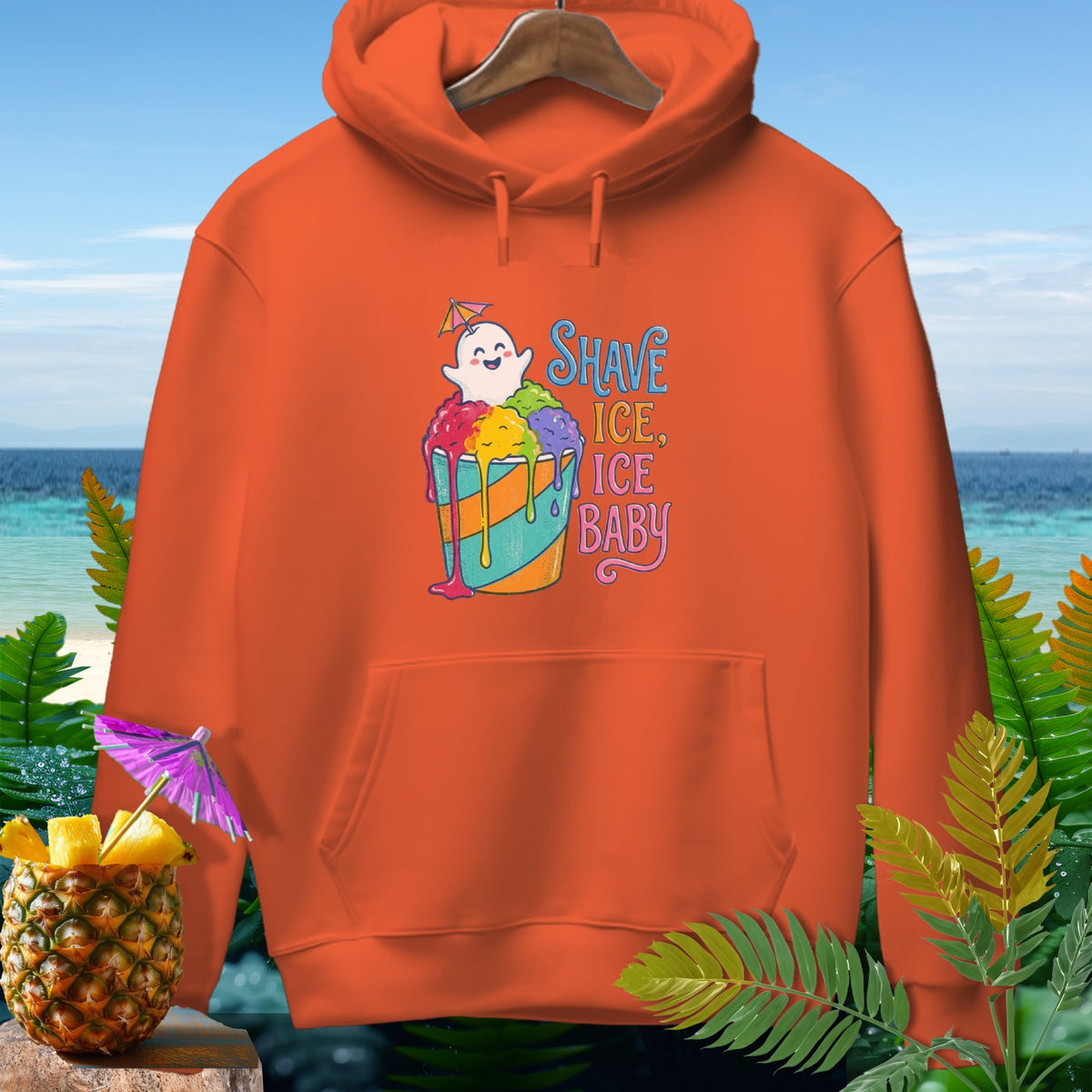 Orange hoodie with "Shave Ice, Ice Baby" graphic of a ghost in shave ice.