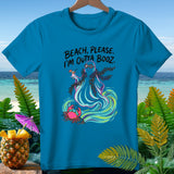 Blue t-shirt with a ghost holding a drink and a crab, text reads 